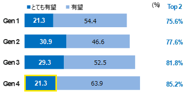 20〜30年後のベトナムの政治が有望か、世代別に回答した割合を示すグラフ