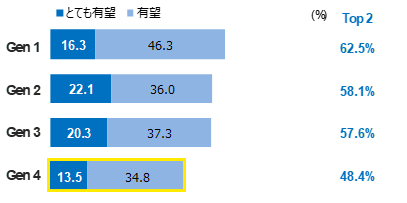 20〜30年後のベトナムの環境が有望か、世代別に回答した割合を示すグラフ