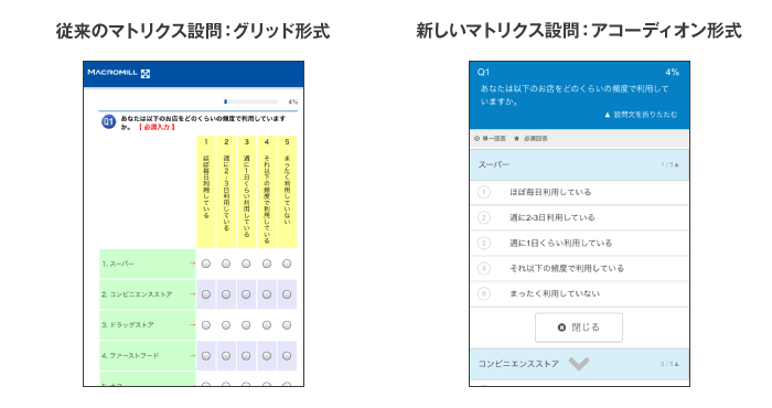 マクロミルのマトリクス設問の新旧調査画面の違い