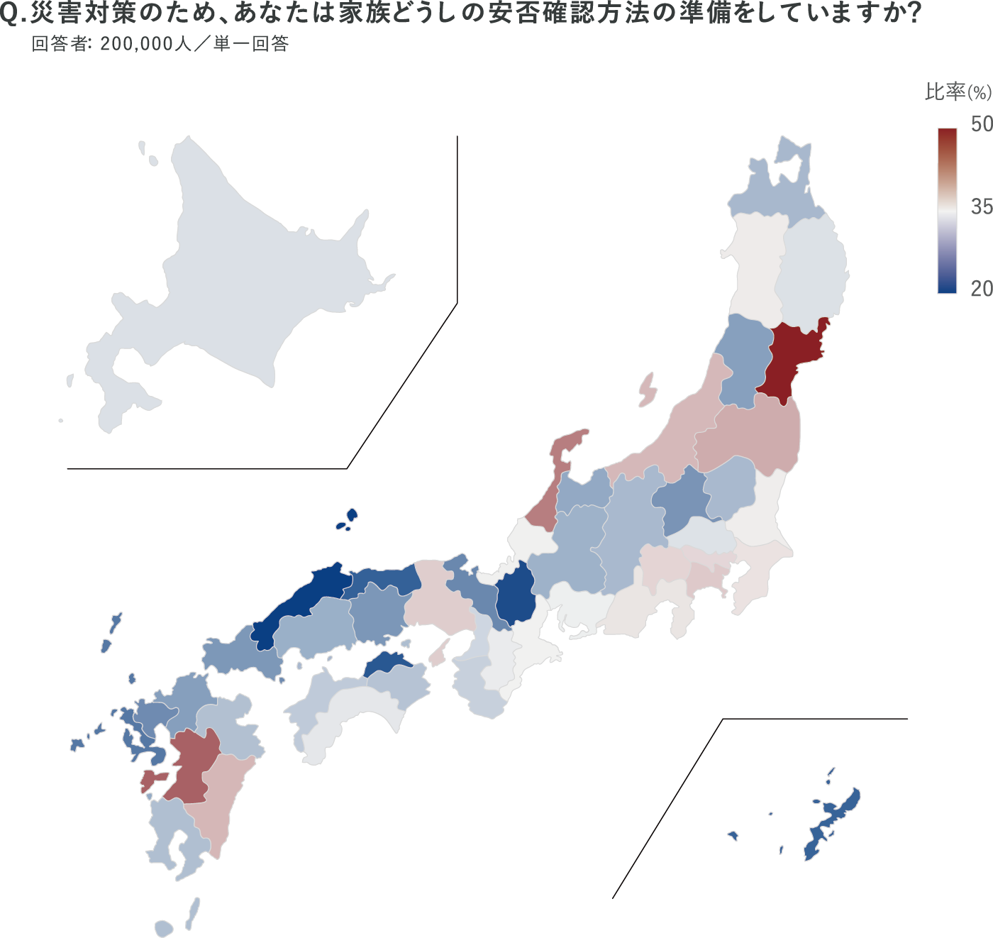 災害対策のため、あなたは家族どうしの安否確認方法の準備をしていますか? 回答者:200,000人/単一回答比 都道府県ごとの分布図